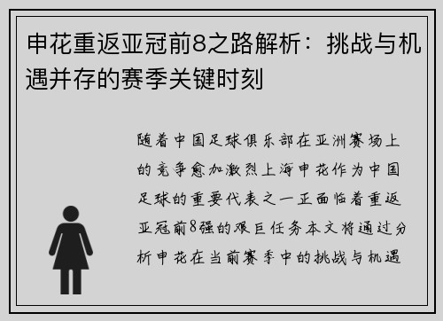 申花重返亚冠前8之路解析：挑战与机遇并存的赛季关键时刻