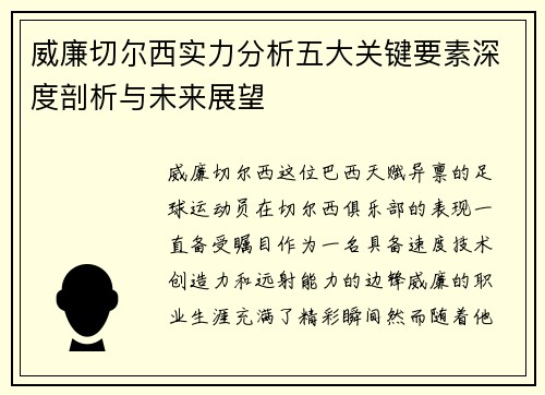 威廉切尔西实力分析五大关键要素深度剖析与未来展望 威廉切尔西实力分析五大关键要素深度剖析与未来展望