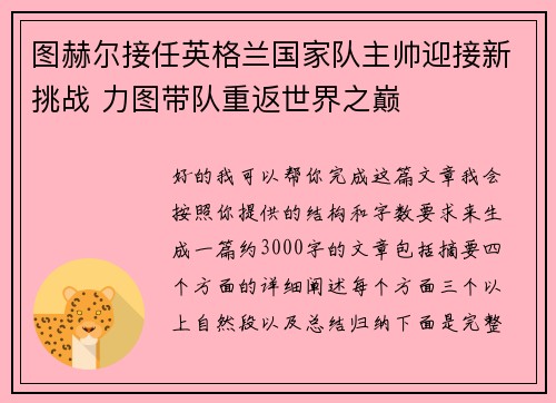 图赫尔接任英格兰国家队主帅迎接新挑战 力图带队重返世界之巅