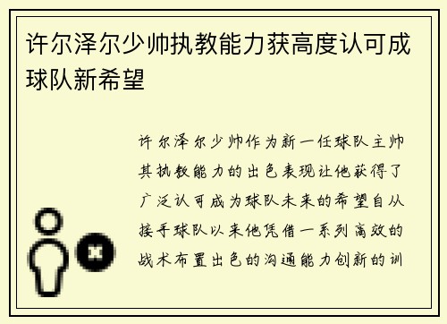 许尔泽尔少帅执教能力获高度认可成球队新希望 许尔泽尔少帅执教能力获高度认可成球队新希望